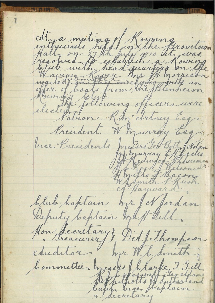 First page of the original Wairau Rowing Club committee minutes, 31 July 1910